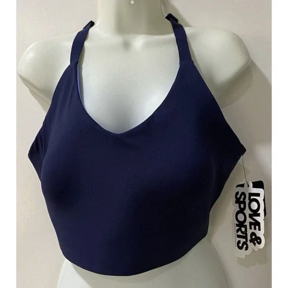 Love & Sports Navy Blue Reversible Adjustable Halter Sports Bra - New - Picture 1 of 12